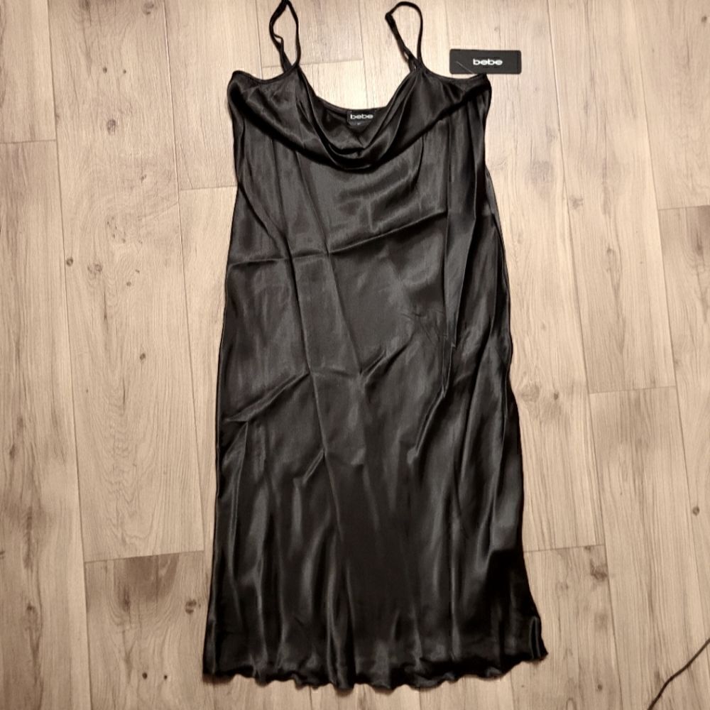 Bebe Cow Neck Satin Black Slip Dress Size M NWT